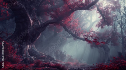 Misty forest of towering red-barked trees with sunbeams piercing through ancient canopy, conveying primordial serenity