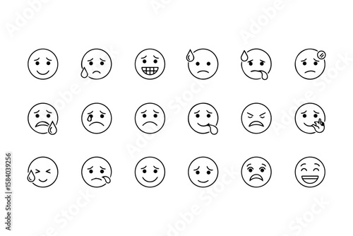 Array of 18 distinct outline emoji faces each expressing varied emotions