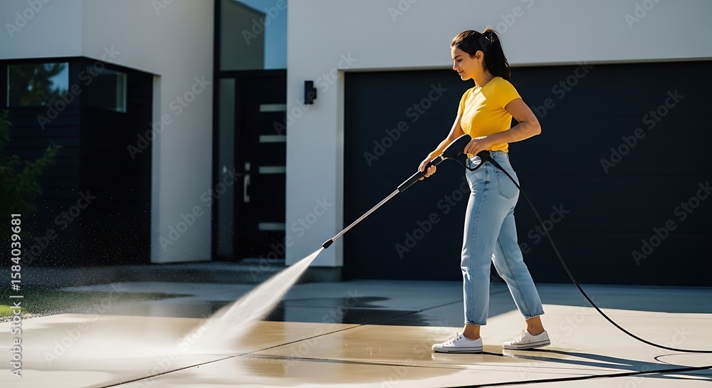Obraz premium Young Woman Washing Driveway on Sunny Day