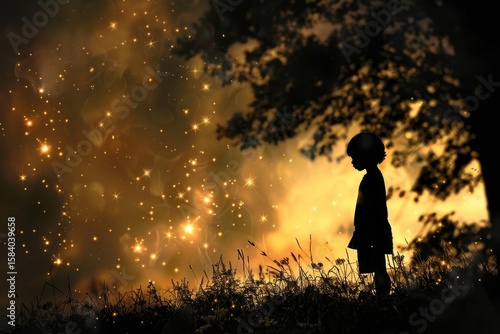 Silhouette of Child Under Sparkling Tree