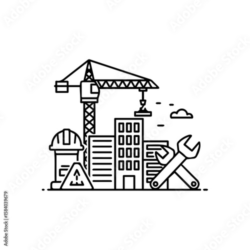 Construction scene crane buildings hard hat warning sign wrenches and cloud