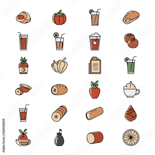 Icon grid showing varied foods and drinks like bread fruits juice coffee and documents