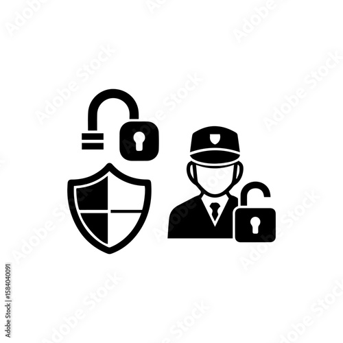 Icon with security guard open locks  divided shield