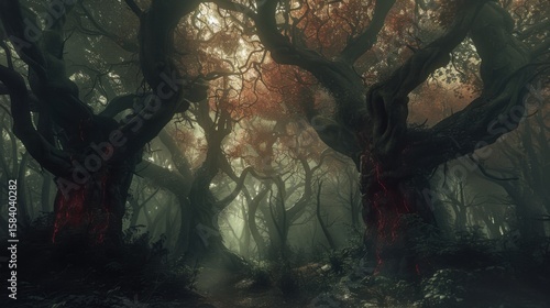 Misty forest of towering red-barked trees with sunbeams piercing through ancient canopy, conveying primordial serenity