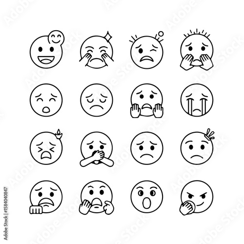 Sixteen emojis depict various negative emotions with black outlines on a white background