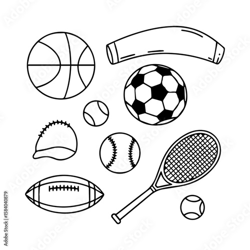 Sports gear basketball soccer ball football baseball tennis racket cap sweatband tennis balls displayed