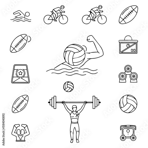 Sports icons swimmer cyclists water polo rugby weightlifting timer gymnastic apparatus volleyball dumbbells massage table