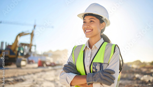 Mujer con casco y chaleco de seguridad sonriendo en obra de construcción, retrato en exteriores con cielo azul
