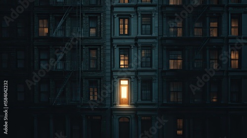 Urban night, single lit doorway