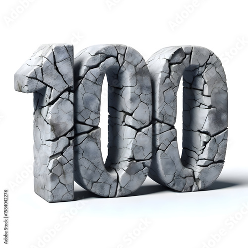 A number 100 made of gray cracked stone, with chipped edges and surface fissures, rugged appearance on white background