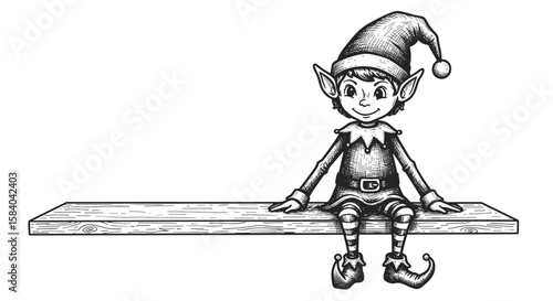 Retro-style elf hand-drawn sketch sitting on a shelf with legs dangling, a funny character for Christmas design – an engraving, black and white illustration, vector, SVG.

