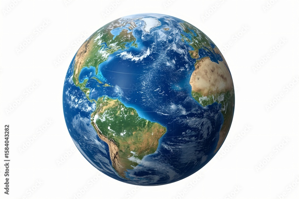 Fototapeta premium Rotating Earth globe, continents, oceans, clouds, white background, global concept