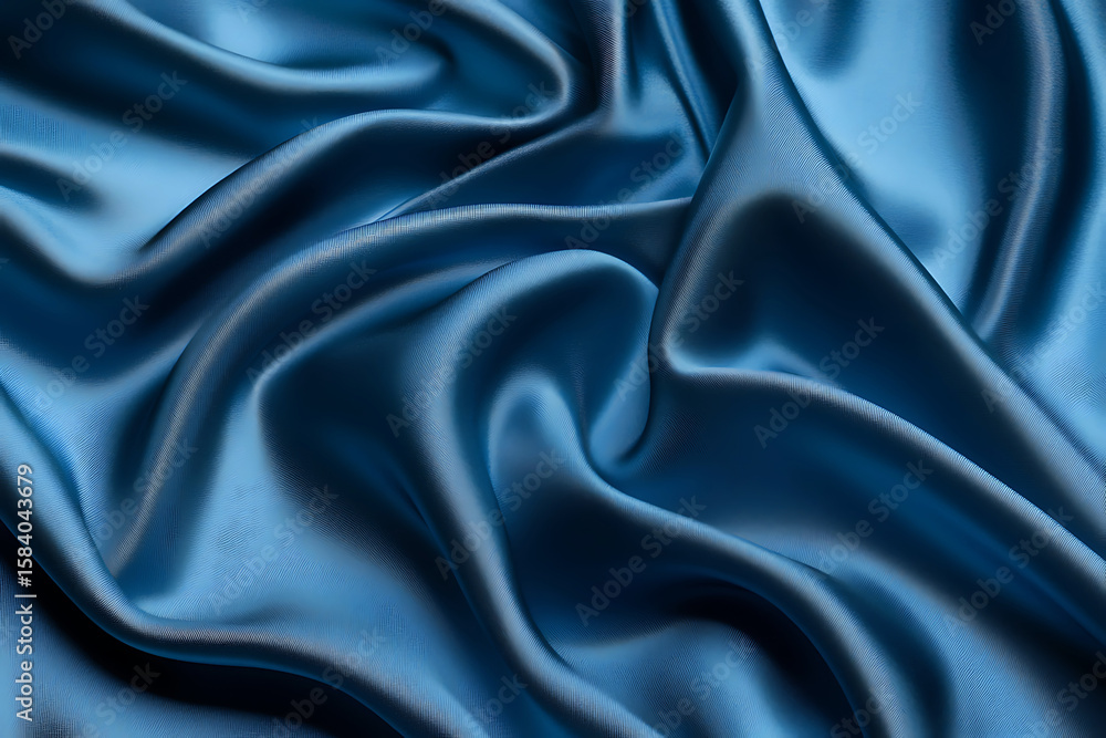 Obraz premium Close-up view of luxurious deep blue silk fabric with elegant folds and drapes showcasing its smooth texture