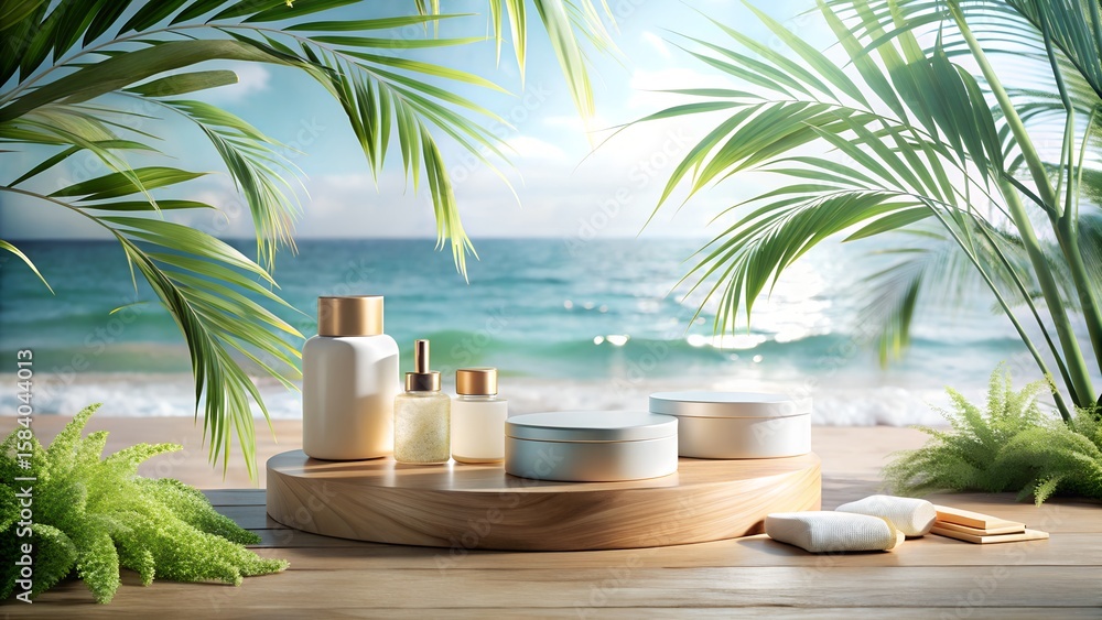 Fototapeta premium Cosmetic products are displayed on a wooden platform with a beach background