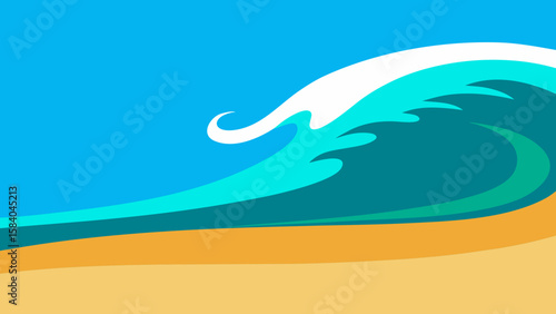 Cartoon Beach Where Tide Comes in with Powerful Force Vector