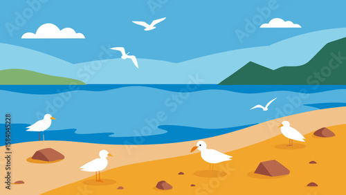 Cartoon Beach with Flock of Seagulls Scavenging at Tide Vector