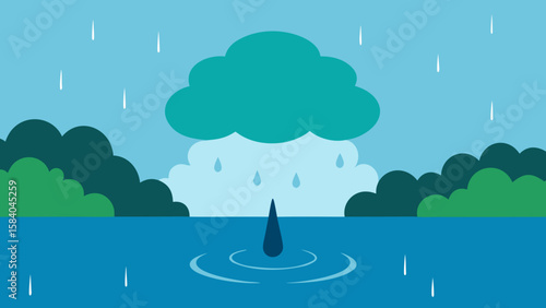Cartoon Calm Lake Surface Pelted by Sudden Downpour Vector