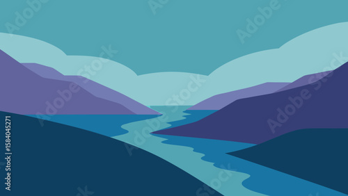 Cartoon Calm Narrow Sea Loch Steep Heather Covered Hills Vector