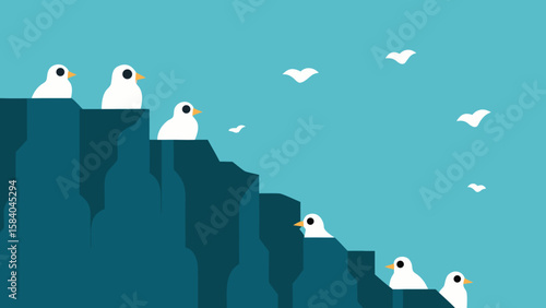 Cartoon Cliff Face Covered in Thousands of Nesting Seabirds Vector