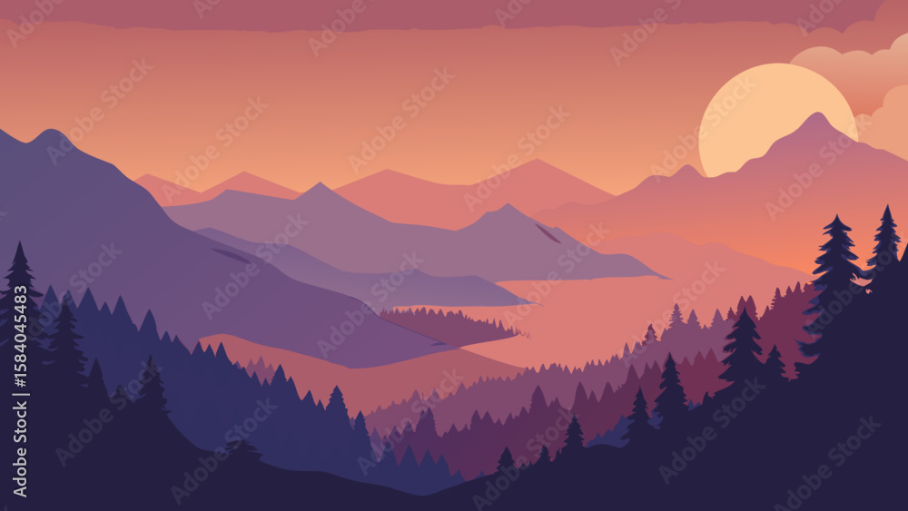 Fototapeta premium Cartoon Dense Fog Settling Into Deep Forested Valley Vector Scene