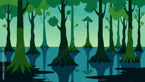 Cartoon Cypress Swamp Moss Draped Trees Rising from Water Vector