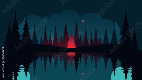 Cartoon Dark Forest Perfectly Reflected in Still Black Lake Vector