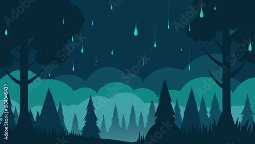 Cartoon Dark Moody Forest with Heavy Rain Falling Vector Illustration