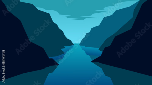 Cartoon Deep Narrow Fjord Dark Still Water Towering Cliffs Vector