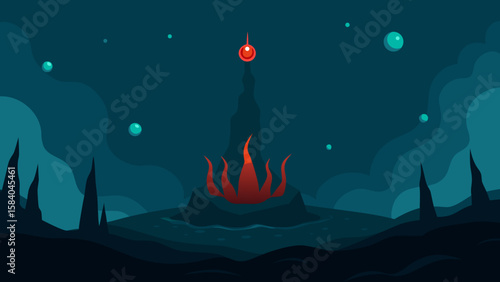 Cartoon Deep Sea Hydrothermal Vent Strange Creatures Vector Scene