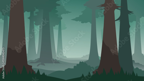 Cartoon Dense Fog Obscuring Base of Giant Redwood Trees Vector Scene