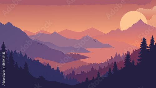 Cartoon Dense Fog Settling Into Deep Forested Valley Vector Scene