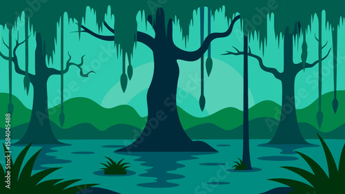 Cartoon Deep Slow Moving Bayou with Cypress Trees Vector Illustration