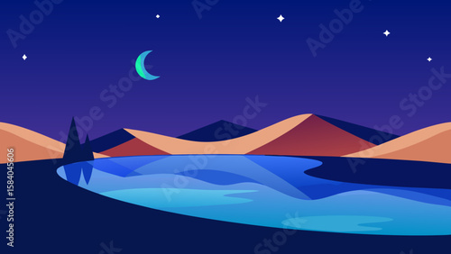 Mystical Desert Oasis at Night with the Stars Reflected in Water