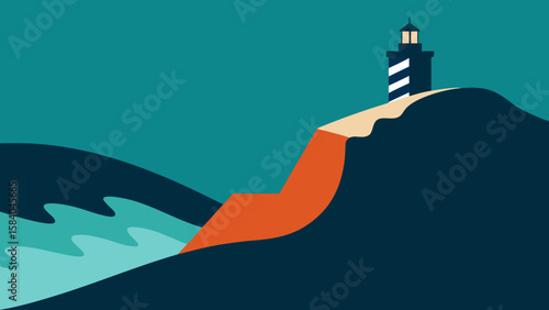 Rugged Dramatic Wave Battered Headland with a Lighthouse Beacon