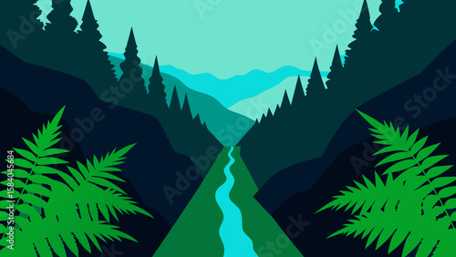 Lush Fern Lined Gully in a Deep Temperate Rainforest Environment