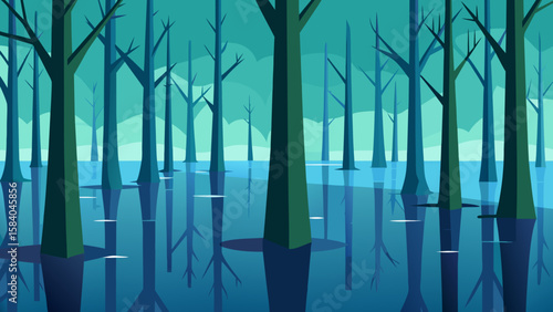 Eerie Flooded Forest with Trunks of Trees Rising from Water