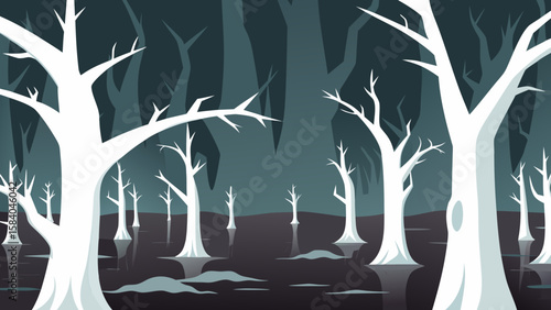 Eerie Forest of Skeletal Ghostly White Trees in a Flooded Landscape