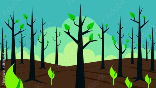 Resilient Forest Recovering from Fire with New Green Shoots Emerging