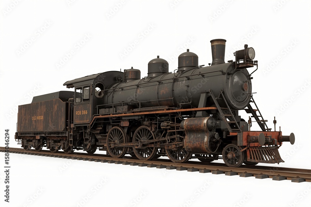 Fototapeta premium Rusty steam locomotive on tracks, isolated, vintage