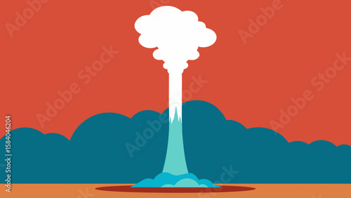 Powerful Geyser Erupting Sending a Tall Column of Steam into Air