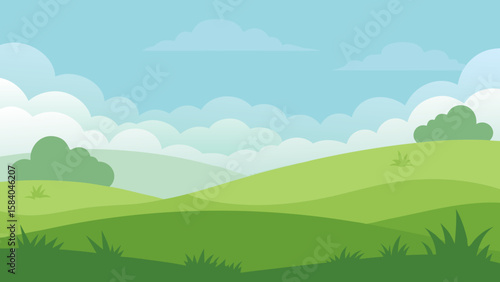 Serene Grassy Knoll Overlooking a Peaceful Mist Filled Valley Scene