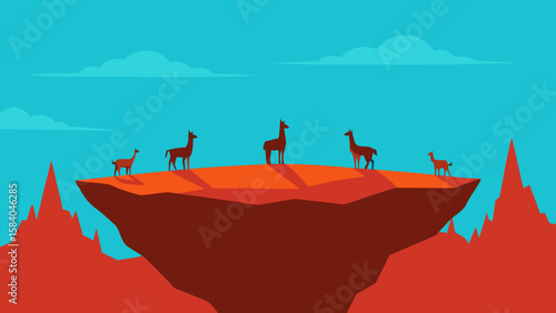 Vast High Lonely Plateau Featuring a Herd of Wild Llamas Grazing