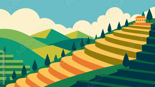 Landscape of Steep Terraced Vineyards on a Sunny Hill