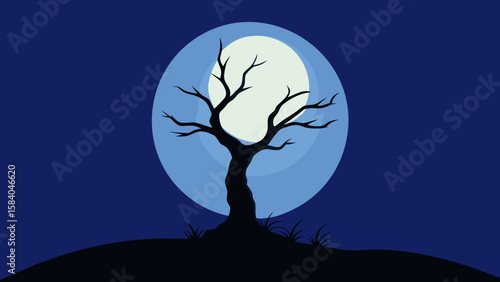 Lone Dead Tree Silhouetted Against a Full Moon Night