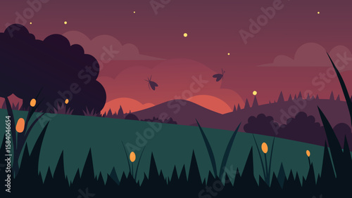 Meadow Filled with Chirping Sound of Crickets at Night