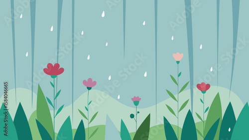 Meadow of Wildflowers Seen Through a Soft Curtain of Rain