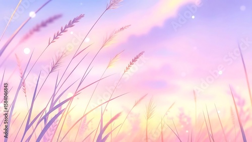 A pastel landscape featuring tall grass against a soft pink and purple sky view