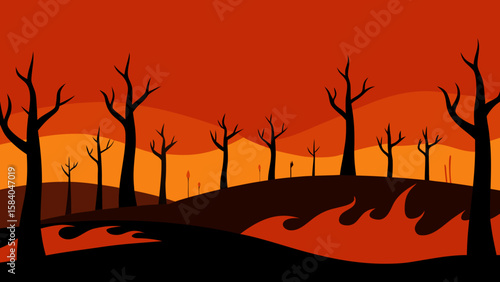 Plain of Scorched Earth and Blackened Trees After Wildfire