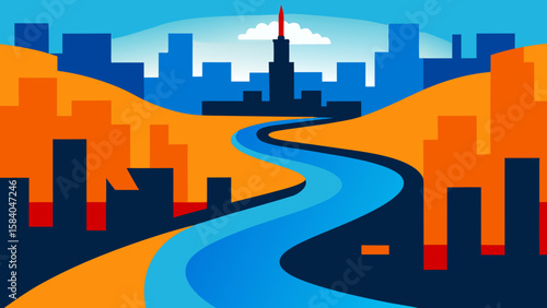 River Running Through Center of Bustling City Urban Landscape