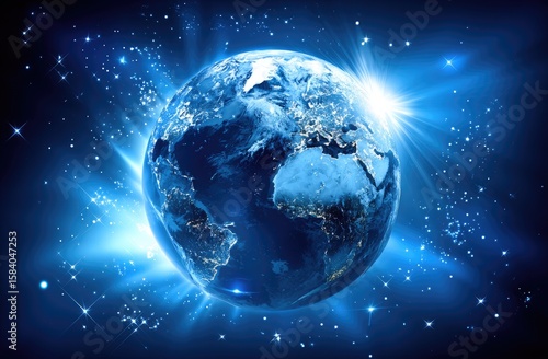 Earth bathed in cosmic light, radiating from a central sun,  detailed view